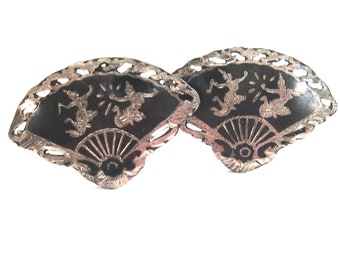 1940's Vintage Thai 925 Niello Sterling Silver Cufflinks  - Lacy Fan Shape with Lively Dancers - E SENG CHONG Made in Siam  - Unique & Fun