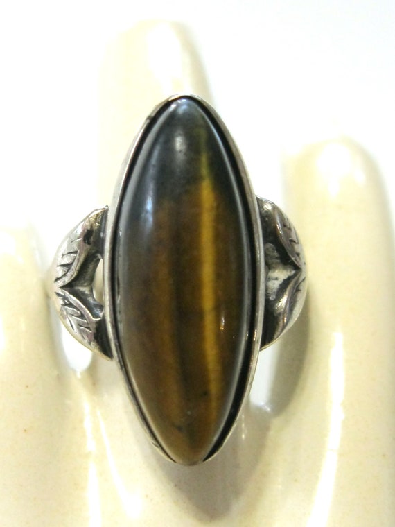 Antique Brown Tiger's Eye Ring with Marquise Cut … - image 4