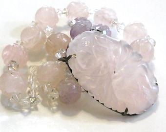 Antique Rose Quartz and Amethyst Necklace - Carved Floral & Asian Character Designs - Chinese Export Gemstone and Silver Necklace