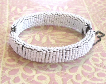 Miriam Haskell Hinged Filigree Bangle Bracelet - Bright White Opaque Milk Glass Seed Beads - Hand Wired or Wrapped - Classic Summer Jewelry