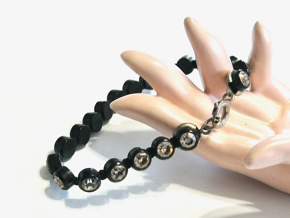 Vintage 1950's Rhinestone Black Plastic Bracelet … - image 1