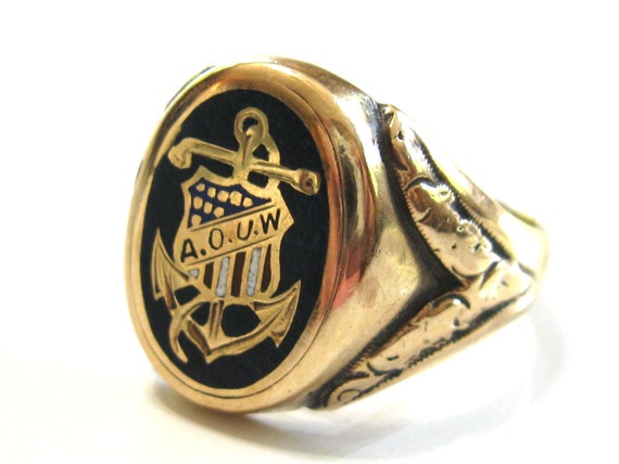 Antique AOUW Fraternal Ring – 10k Gold Enamel Logo, 1… - Gem