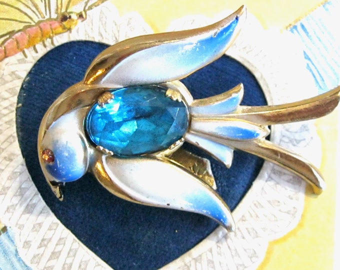 Featured listing image: Vintage 1940's Coro Pegasus Swallow Bird Romantic Sentimental Brooch Pin - Wedding Jewelry - Valentine's Day Gift - Blue White Ombre Enamel