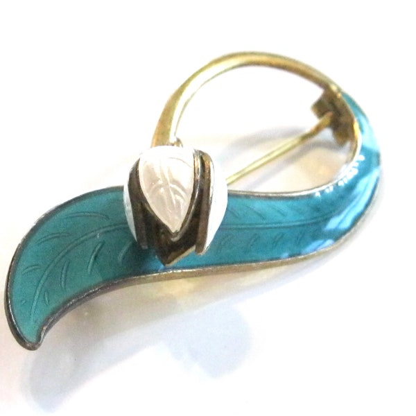 Vintage Aksel Holmsen Scandinavian Lily of the Valley Flower Pin Brooch, Enamel on Sterling, Teal Aqua Leaf Pearl White Flower, 925S & Gold