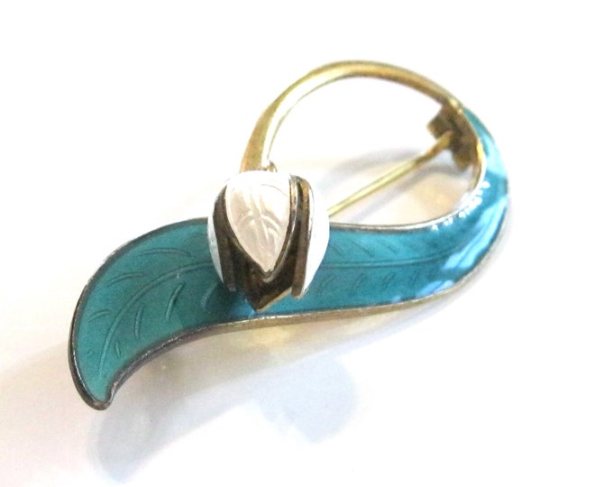 Featured listing image: Vintage Aksel Holmsen Scandinavian Lily of the Valley Flower Pin Brooch, Enamel on Sterling, Teal Aqua Leaf Pearl White Flower, 925S & Gold