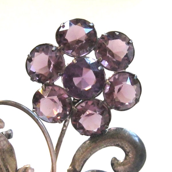Vintage Sterling Silver Flower Brooch Pin w Amethyst Purple Glass Jewels, Rhinestones, Hollywood Glam 1940's Era, 925 Floral Pin, Whimsical