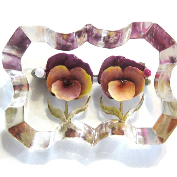 Lucite Pansy Pin, Reverse Carved Lucite, Mid-Century Pansy Pin, Carved Pansy Brooch, Double Pansy Pin, 1950's Lucite Jewelry, Retro Lucite