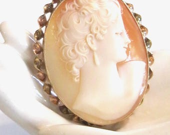 May include: A cameo brooch featuring a carved profile of a woman's face, set in a gold-toned frame with a twisted rope design.