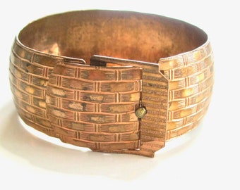 Retro Vintage 1970's Copper Working Belt Buckle Bangle Bracelet - Diseño de tejido de cesta - Muy fresco - Perfecto para un picnic - Copper Guild