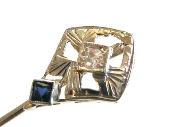 Art Deco 14k White Gold Diamond Stick Pin, French… - image 1