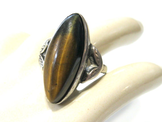 Antique Brown Tiger's Eye Ring with Marquise Cut … - image 3