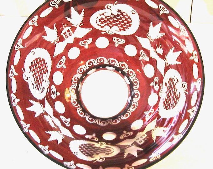 Featured listing image: Egermann Hand Made Czech Glass Bowl - Ruby Red Cut to Clear with Traditional Bohemian Designs - 200 Year History - Unique Process - 1990s
