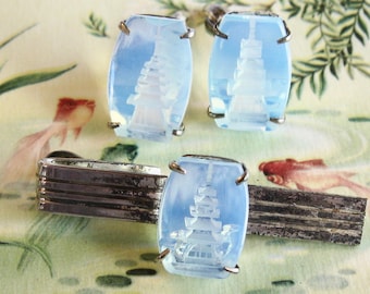 Vintage Japanese Pagoda Cufflink and Tie Clip Set – Reverse Carved Opaline Glass