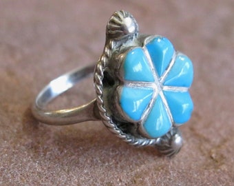 Vintage Native American / Southwestern Flower Ring - Pétalos de turquesa azul huevo persa o petirrojo - Cable retorcido y acentos de puntos 5.25