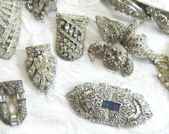 Rhinestone French Paste Edwardian Art Deco 1930's 1940's Hollywood Glam High End Repair TLC Lot #5 - Duette Clip - Bracelet Watch - Sets