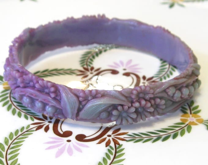 Featured listing image: Bracelet, Vintage Bracelet, 1930s Carved Celluloid, Purple, Green, Art Deco, Bangle, Floral Bracelet, Daisy, Flower, Lily of the Valley