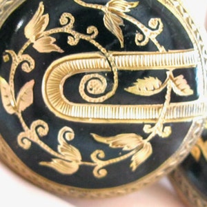 Early Victorian 14k Yellow Gold and Glossy Black Enamel Cuff Button Stud Cufflinks - Charming Swirling Vine & Engraved Button Hole Design