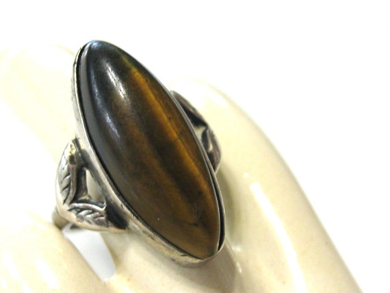 Antique Brown Tiger's Eye Ring with Marquise Cut … - image 1