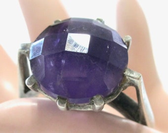 Vintage Amethyst Sterling Silver Ring - Checkerboard Cut - Fancy Prongs & Spiderweb Gallery - 925 - Architectural Mount