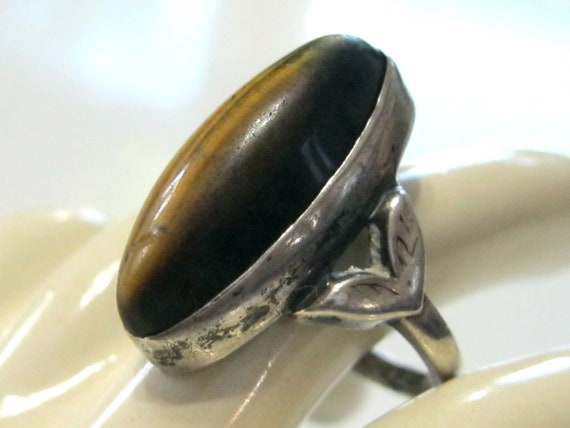 Antique Brown Tiger's Eye Ring with Marquise Cut … - image 6