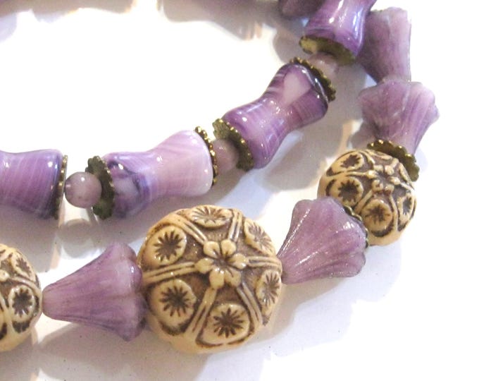 Featured listing image: Antique Necklace - Early Max Neiger, Neiger Brothers w Floral Pressed Glass Beads & Purple White Swirled Slag Glass, Rare, Early 1900's