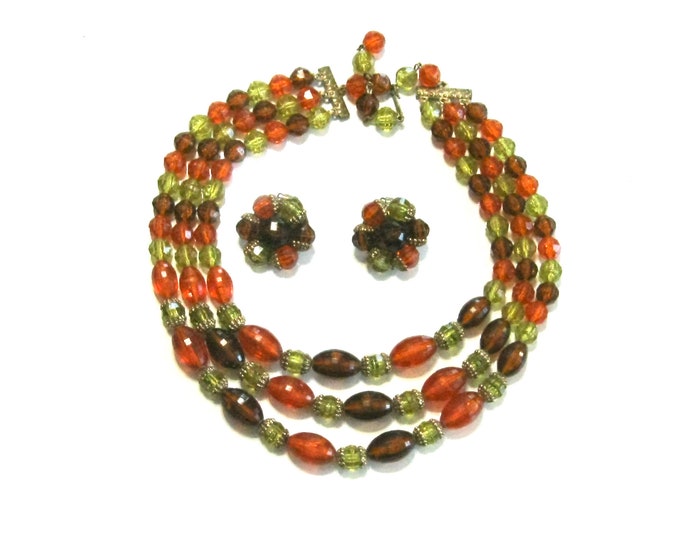 Featured listing image: Vintage Fall Jewel Toned Plastic Bead Necklace & Clip On Earrings – Retro Mid Century Orange, Green, Brown - Triple Strand