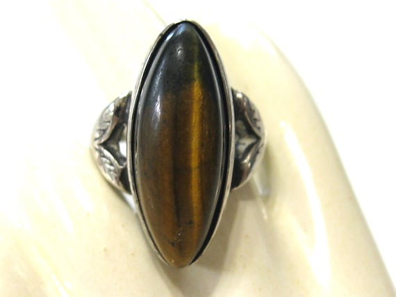 Antique Brown Tiger's Eye Ring with Marquise Cut … - image 2