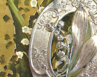 Vintage Victorian Revival Oval Sash Buckle Pin Brooch - Lily of the Valley and Wild Rose Flowers - Old Fashioned C Clasp - Charming