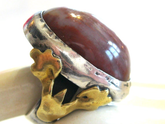 Vintage Art Nouveau Agate Ring, Sterling Silver B… - image 1