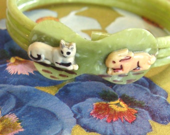 1930's Art Deco Coiled Celluloid Child's Bracelet w Adorable Kitty Cat & Bunny Rabbit Appliques - Marbled Swirled Lime Green 4 Easter Basket