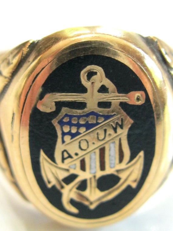 Antique AOUW Fraternal Ring – 10k Gold Enamel Logo, 1… - Gem
