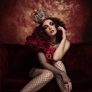 Rose Red Petal Leotard with Embellished Fishnet Tights