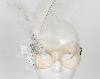 Elegance - Ivory Lace, Feather and Butterfly Masquerade Mask