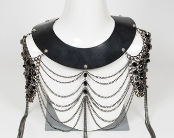 Esclave - Leather and Glass Beaded Chain Collar