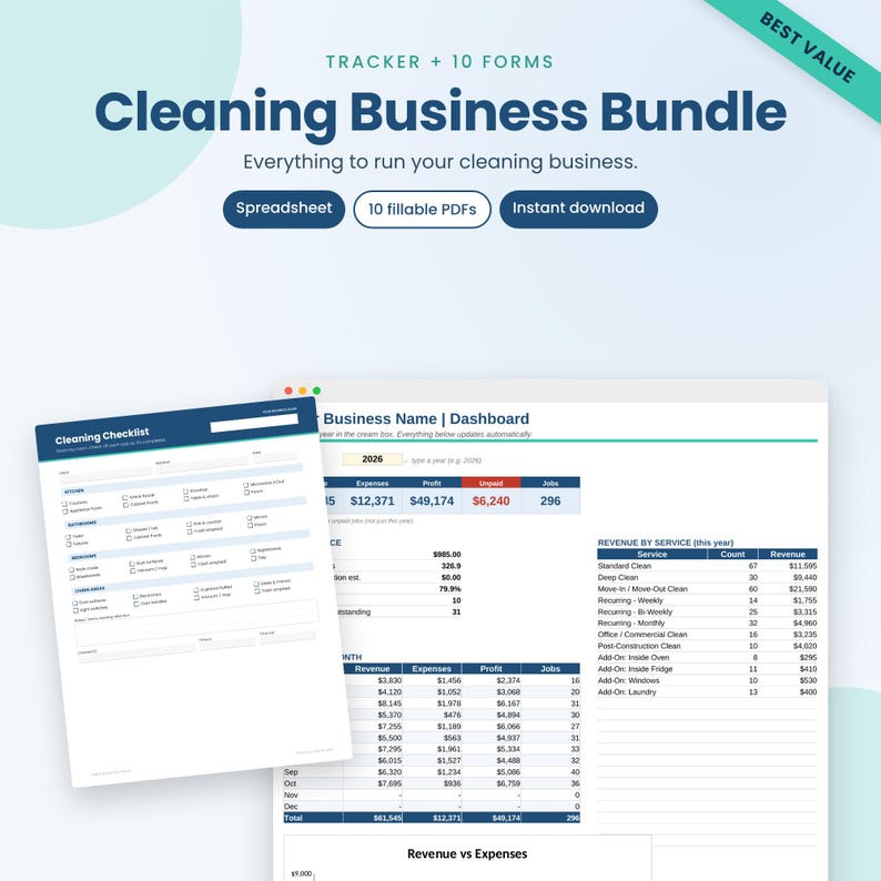 Cleaning Business Bundle: Tracker Spreadsheet + 10 Fillable Cleaning ...