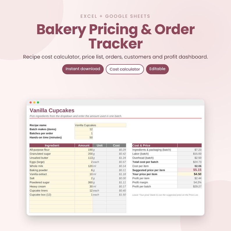 Ecc Interface Bakery Pricing Calculator Spreadsheet, Recipe Cost & Cake Order Tracker ...