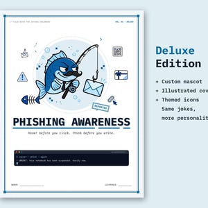 May include: A white notebook cover titled Phishing Awareness featuring a blue fish mascot with a mustache holding a fishing rod with an envelope on the hook. Below, a terminal window displays text including URGENT: Your notebook has been suspended.