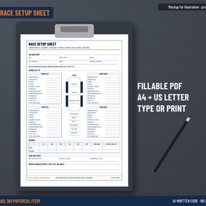 Printbaar afstelformulier voor raceauto's | Specialistisch logboekcollectie 2/2 | Invulbaar PDF, A4 + Letter, Hoekgewichten, Uitlijning