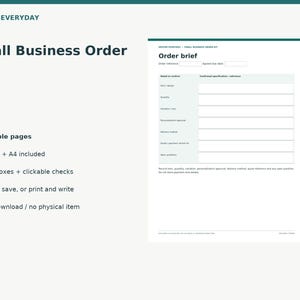 May include: A digital Small Business Order Kit by Dexter Everyday featuring 6 reusable pages in US Letter and A4 sizes. The document includes an order brief template with fields for item, quantity, variation, personalization, and delivery method.
