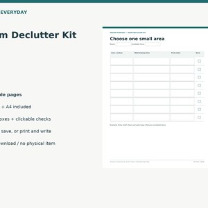 May include: A digital Room Declutter Kit by Dexter Everyday featuring six reusable pages in US Letter and A4 formats. The document includes a table titled Choose one small area with columns for area, surface, items, actions, and checkboxes.