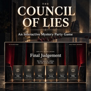May include: The Council of Lies interactive mystery party game features a digital interface displaying Final Judgement with six character cards for Ada, Rowan, Mira, Leon, Sera, and Ellis, each with unique icons and titles on a dark background.