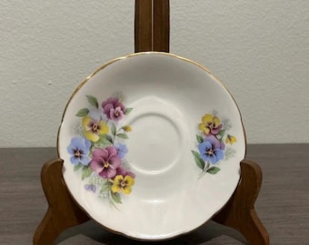 Vintage Royal Kendall Fine Bone China Saucer, Purple and Yellow Pansy Floral Design, Gilt Gold Rim, Made in England