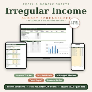 May include: An Excel and Google Sheets irregular income budget spreadsheet for freelancers and gig workers. The display shows a dashboard with income data, a bar chart, and tables on a laptop, tablet, and smartphone. Text includes 9 TABS ONE FILE.