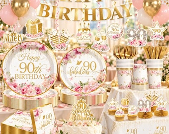 215 Pcs 90th Birthday Decorations for Women, Gold Birthday Party Set for 25 Guests, Tableware & Balloons