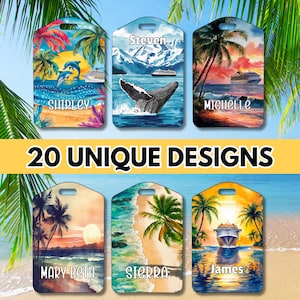 May include: Six rectangular luggage tags featuring colorful travel-themed illustrations including cruise ships, tropical beaches, palm trees, dolphins, and whales. Each tag displays a unique name: Shirley, Steven, Michelle, Mary Beth, Sierra, and James.
