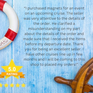 Op de afbeelding: Een 5-sterrenbeoordeling met een recensie die luidt: "Ik heb magneten gekocht voor een evenement op een aankomende cruise. De verkoper was erg attent op de details van de bestelling. Hij heeft een misverstand van mijn kant over de details van de bestelling opgehelderd en ervoor gezorgd dat ik de artikelen voor mijn vertrekdatum ontving. Bedankt dat je een uitstekende verkoper bent. Ik heb nog andere cruises gepland in de komende maanden en ik zal naar deze winkel komen om mijn bestellingen te plaatsen!"