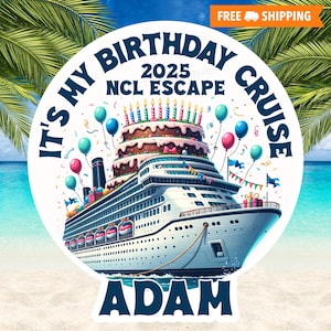 Puede incluir: Gr&aacute;fico circular con un crucero, una tarta de cumplea&ntilde;os y globos. El texto dice "It's My Birthday Cruise 2025 NCL Escape" y "Adam". La imagen tiene un fondo de playa tropical con palmeras.
