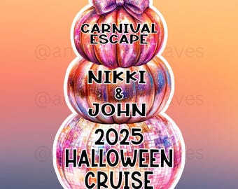 Imán personalizado para crucero de Halloween: decoración de puerta con pila de calabazas y bola de discoteca.