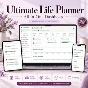 Interactive HTML Life Planner Dashboard: Daily Tasks, Habits, Goals & Budget Tracker