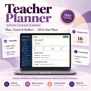 May include: A digital teacher planner displayed on a laptop screen, featuring a dashboard with a timetable, marking tracker, and lesson plans. The interface includes sections for classes, students, and tasks, with purple and white color accents.